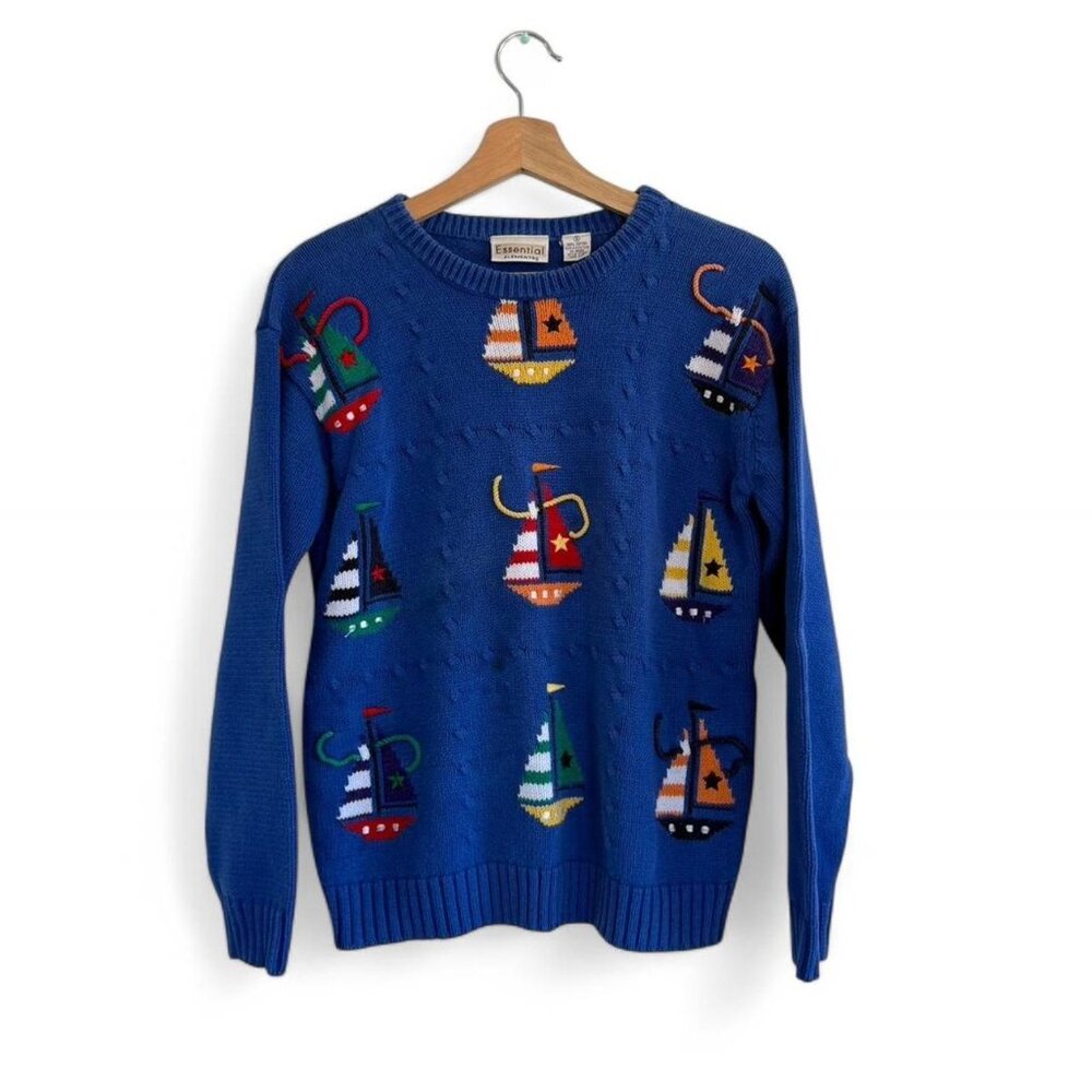 Essential Elements Nautical Ocean Blue Crew Neck … - image 1